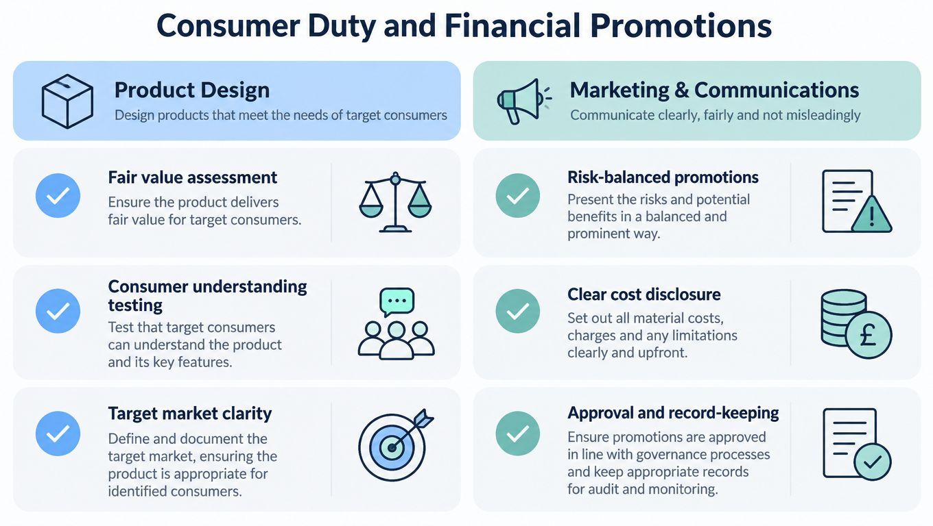 A structured infographic outlining key Consumer Duty and Financial Promotions requirements for financial products and marketing communications.