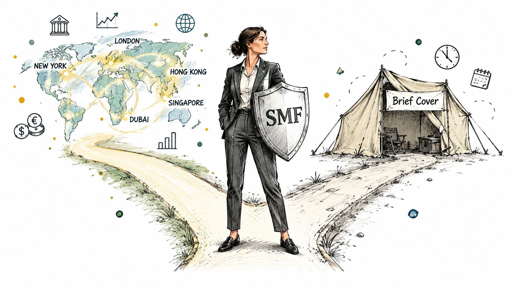 A businesswoman holding an SMF shield stands between a global financial network and a temporary tent.