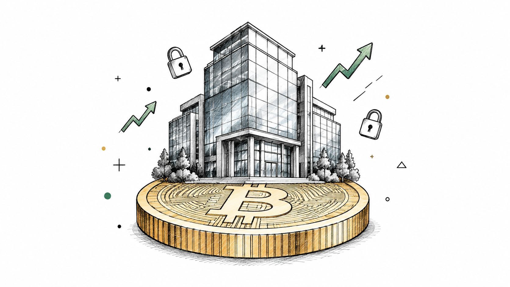 A modern office building sitting on a large golden Bitcoin coin representing crypto asset regulation.