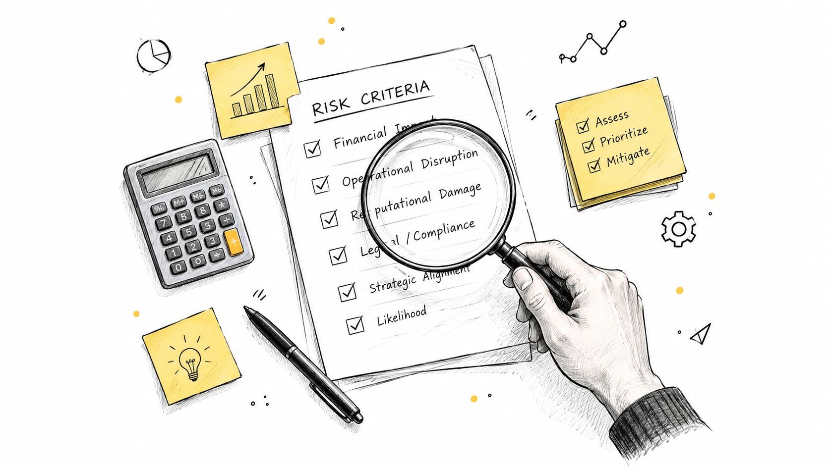 A hand holding a magnifying glass over a checklist titled Risk Criteria with office supplies nearby.