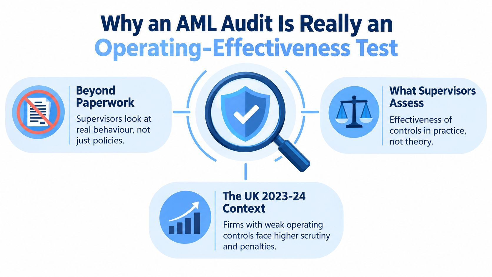 An infographic titled Why an AML Audit Is Really an Operating-Effectiveness Test featuring three key points.