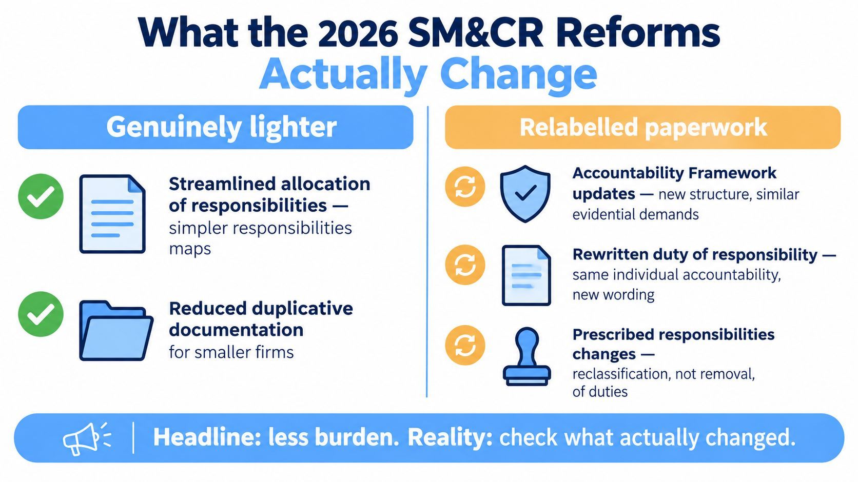 An infographic summarizing 2026 SM&CR reforms, categorized by genuinely lighter changes versus relabelled paperwork administrative tasks.