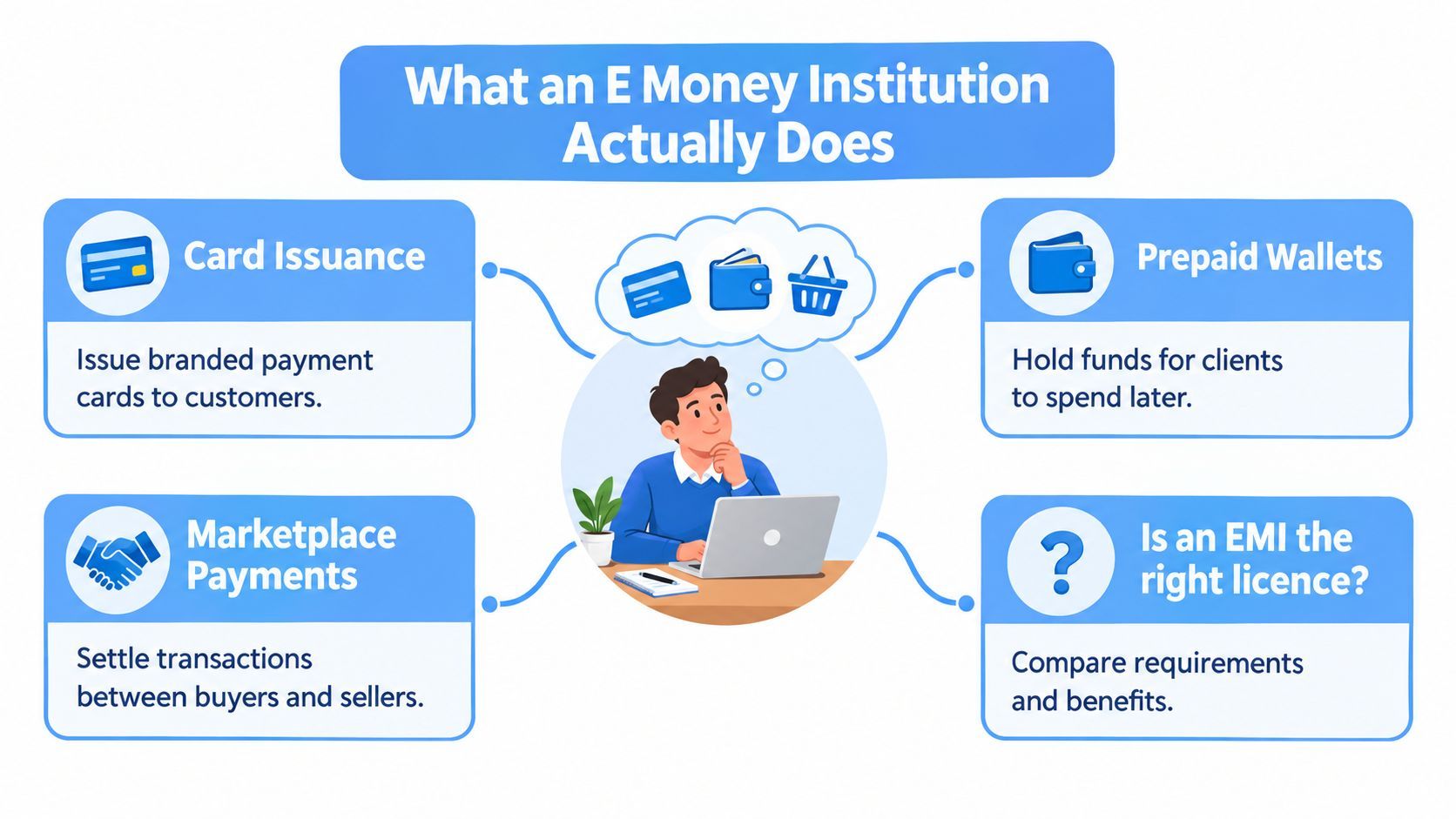 An infographic showing the core functions of an e-money institution including card issuance, prepaid wallets, and marketplace payments.