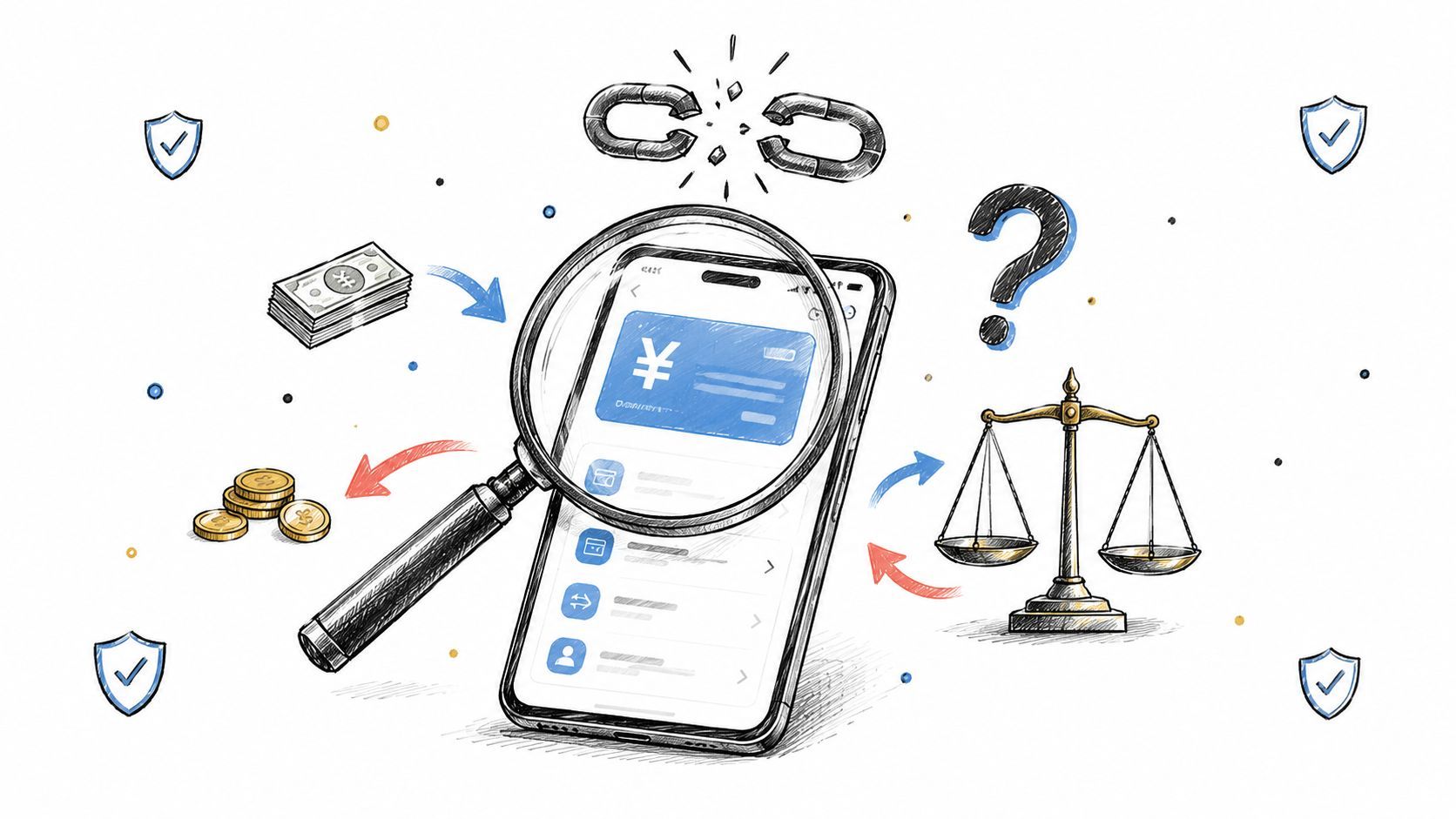 A magnifying glass inspecting a mobile payment app with currency symbols, a broken chain, and justice scales.