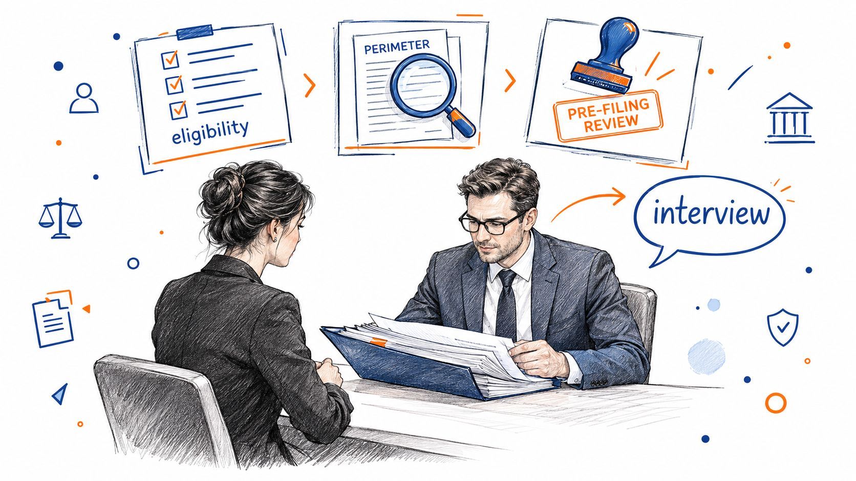 A professional legal interview process illustrating eligibility review, perimeter assessment, and pre-filing document evaluation.