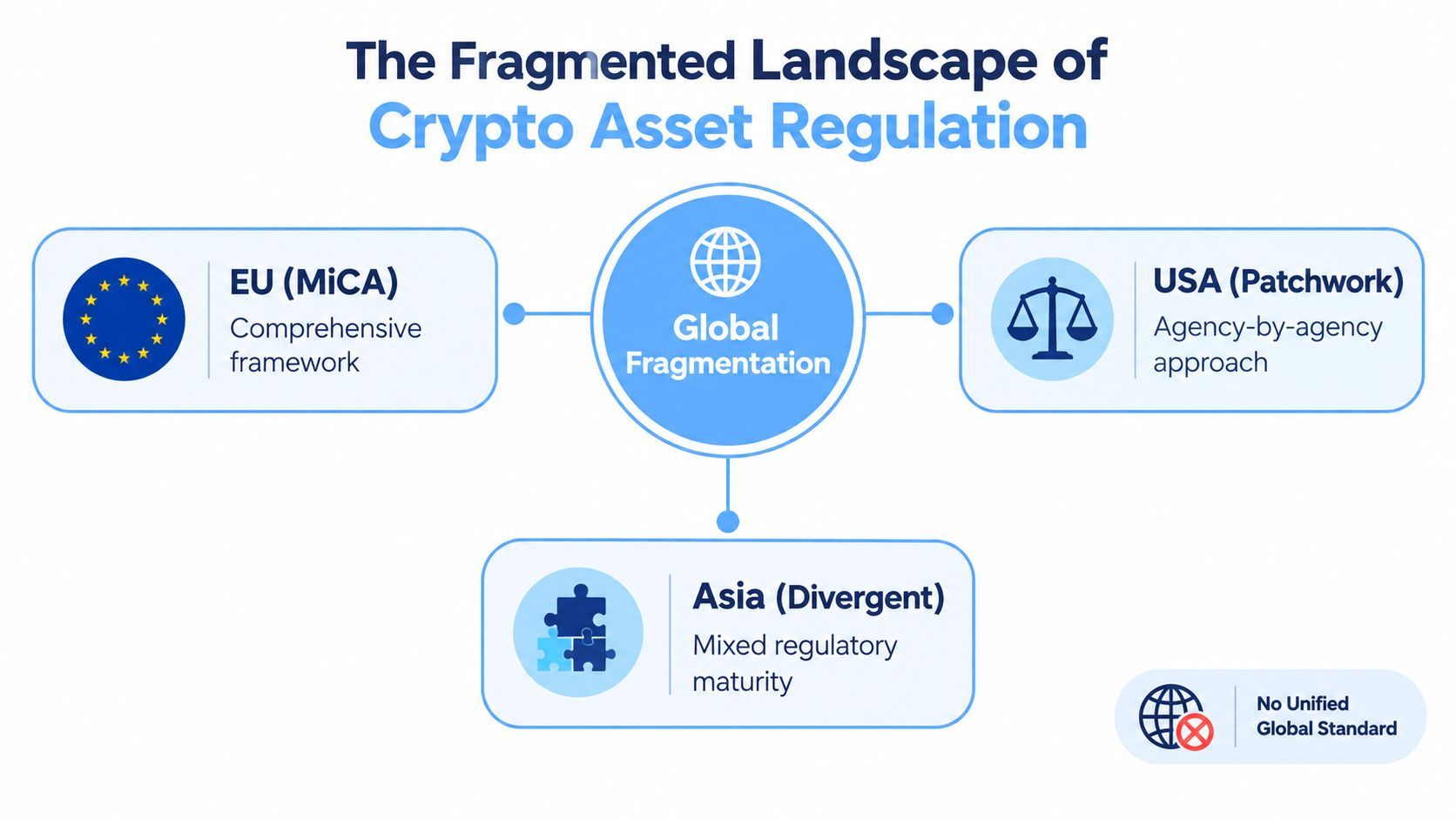 A diagram illustrating the fragmented landscape of global crypto asset regulation across the EU, USA, and Asia.