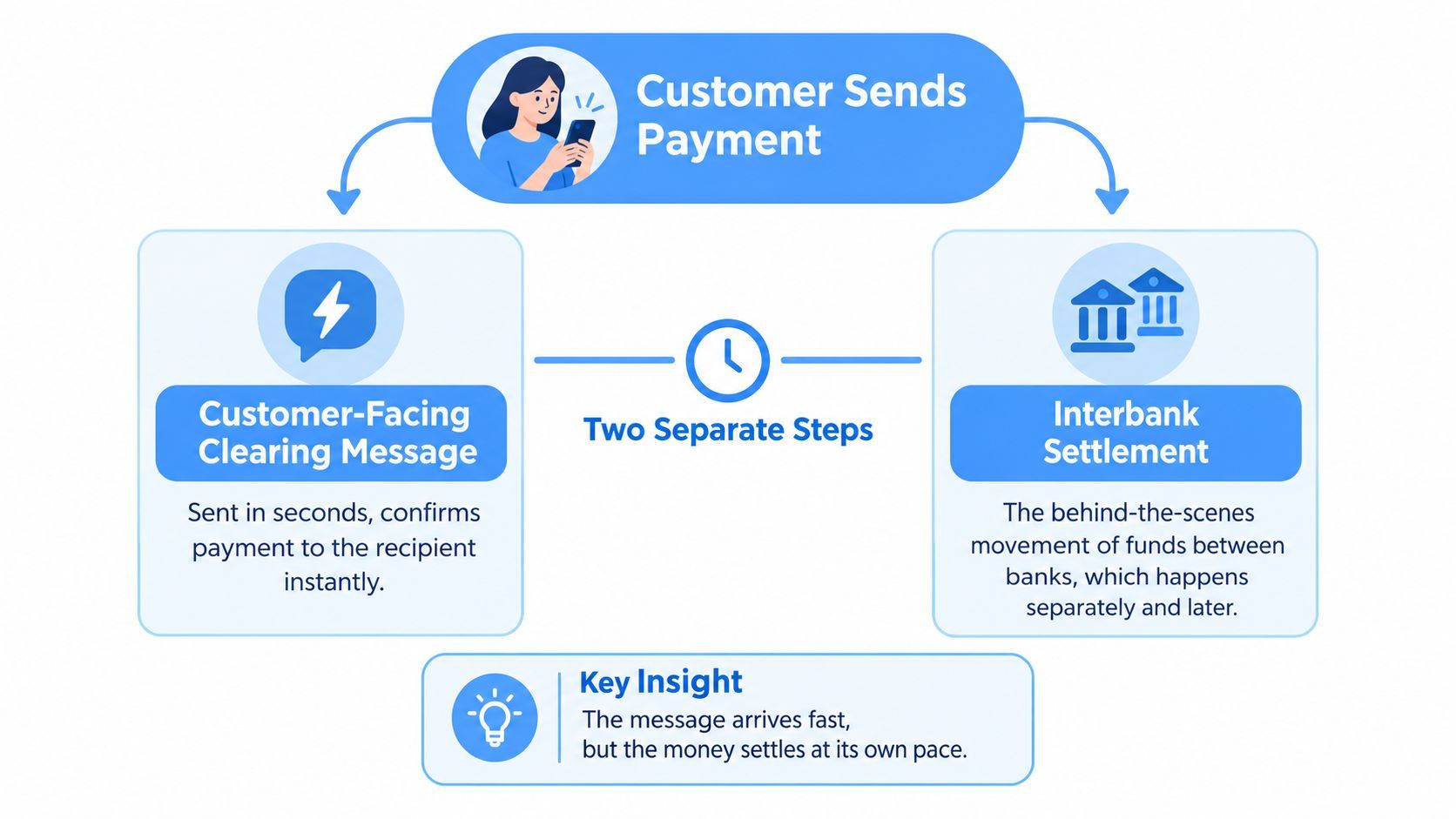 A diagram explaining that a faster payment service involves separate clearing messages and bank settlement processes.