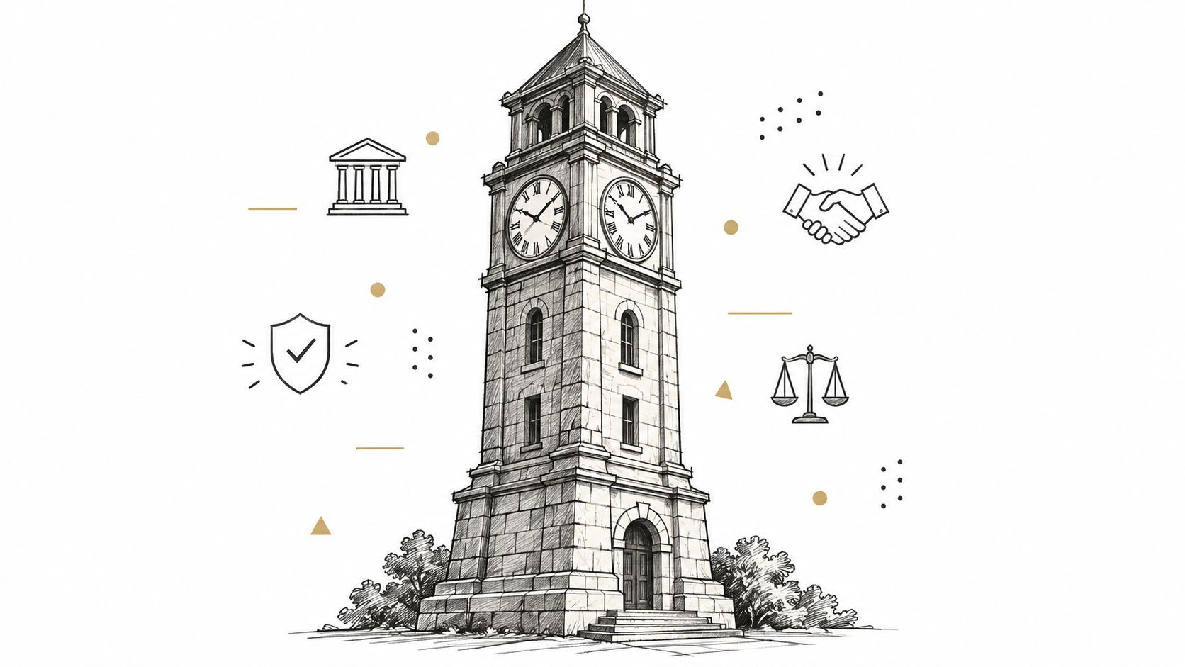 A pencil-style illustration of a clock tower surrounded by business and legal icons on a white background.