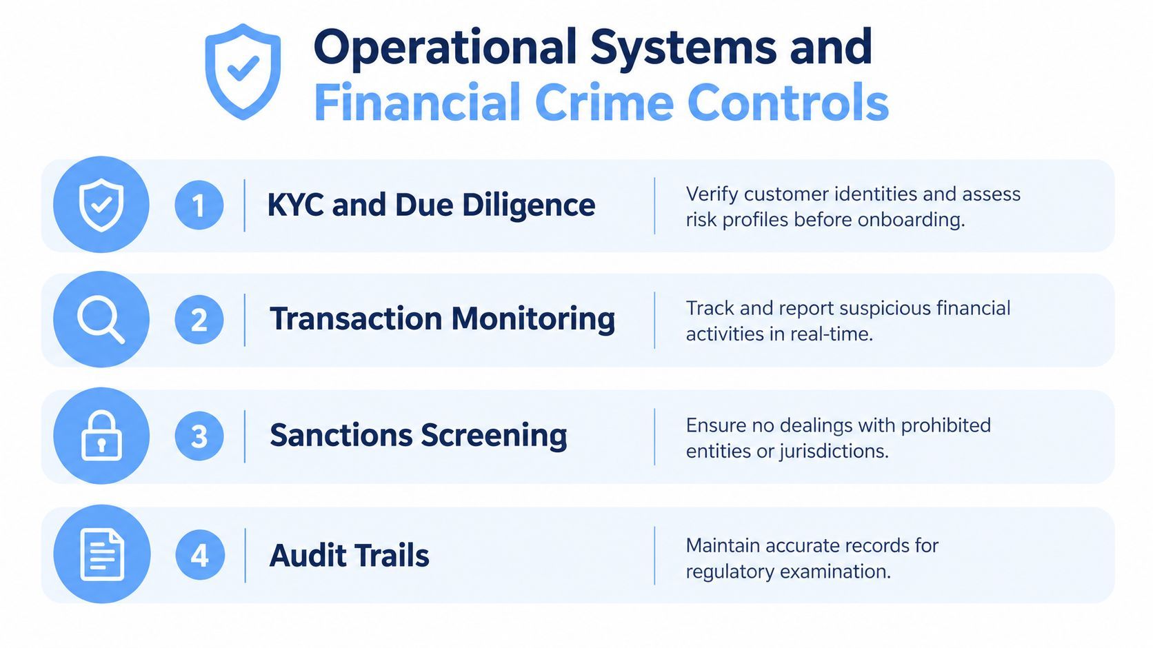 A list showing four operational systems and financial crime controls including KYC, transaction monitoring, sanctions screening, and audit trails.