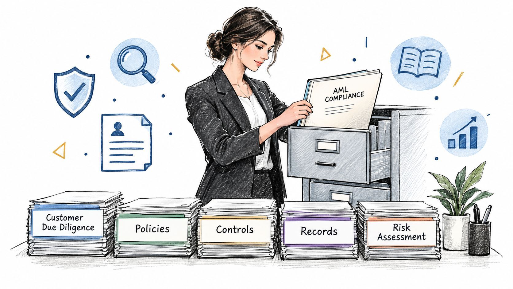 A professional woman in a suit organizes AML compliance files in a cabinet, surrounded by categorized document stacks.