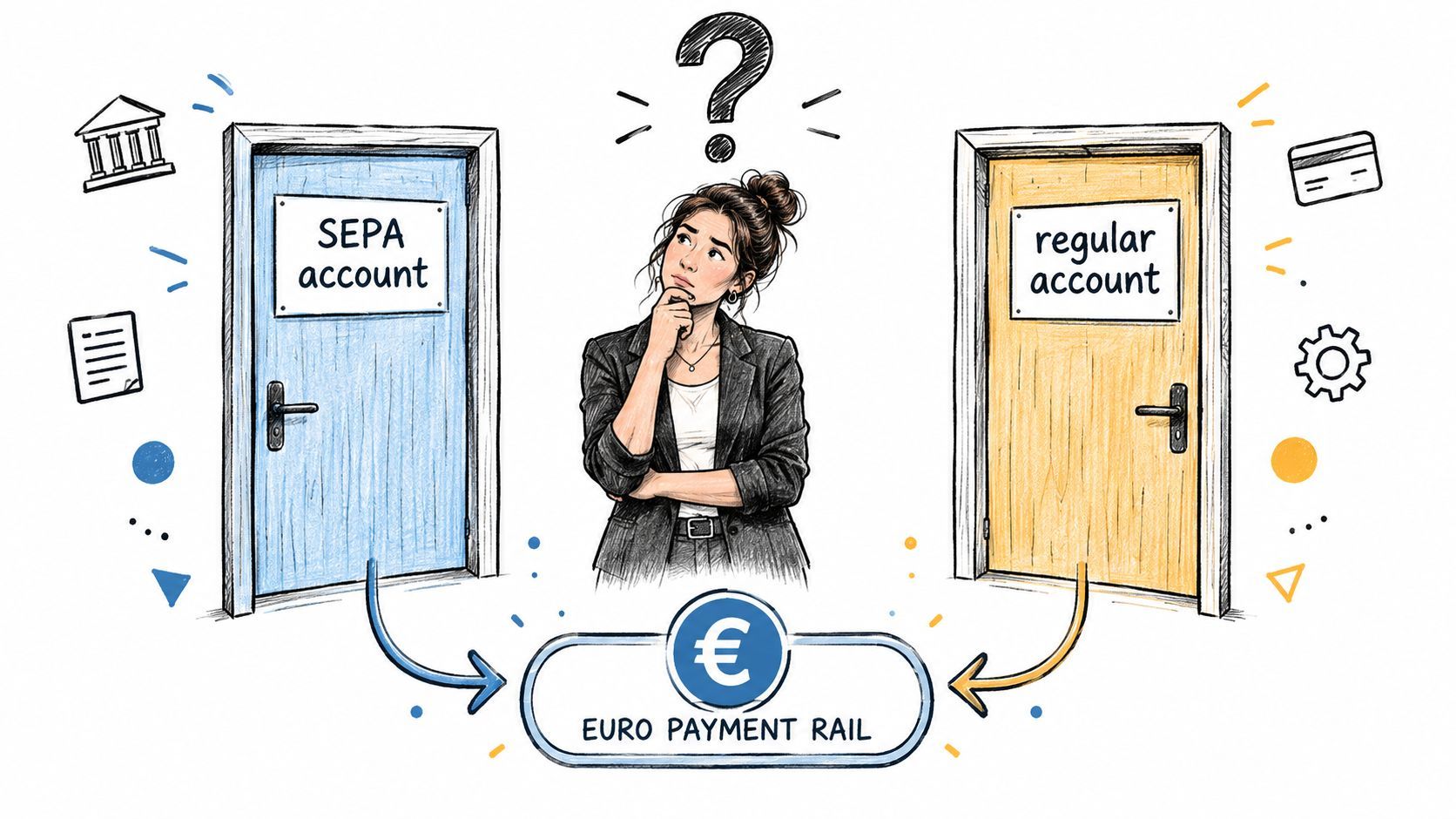 A woman choosing between a SEPA account and a regular account for Euro payments with a question mark.