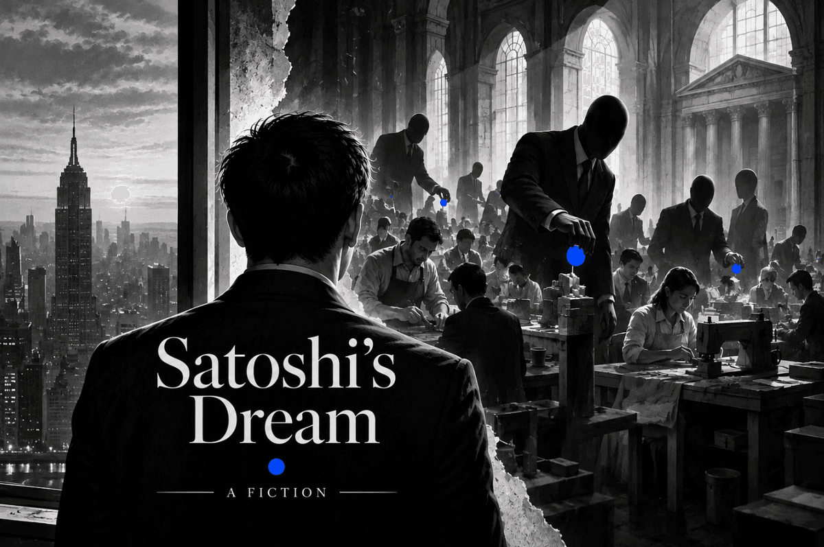Black-and-white illustration of a man overlooking workers and faceless financial figures, with blue accents, for Satoshi's Dream.